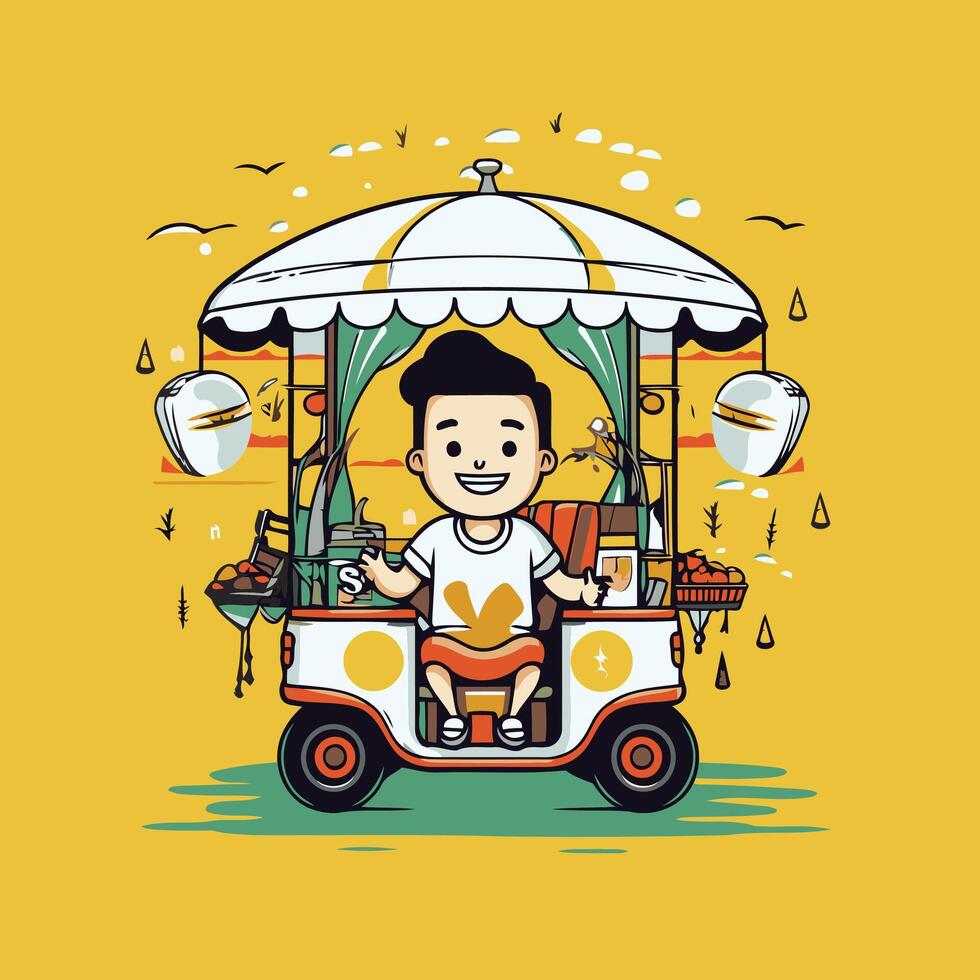 Illustration of a boy riding a car with food illustration vector