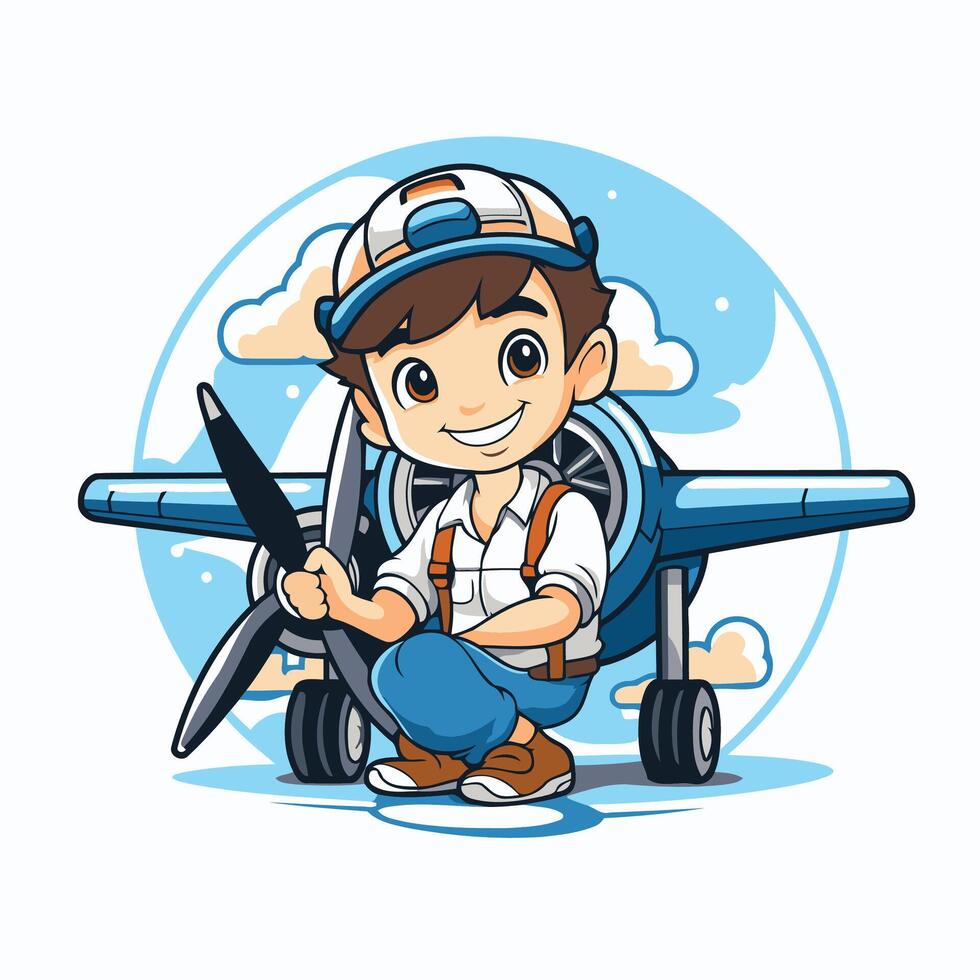 Illustration of a Kid Boy Wearing a Pilot Costume and Holding a Plane vector
