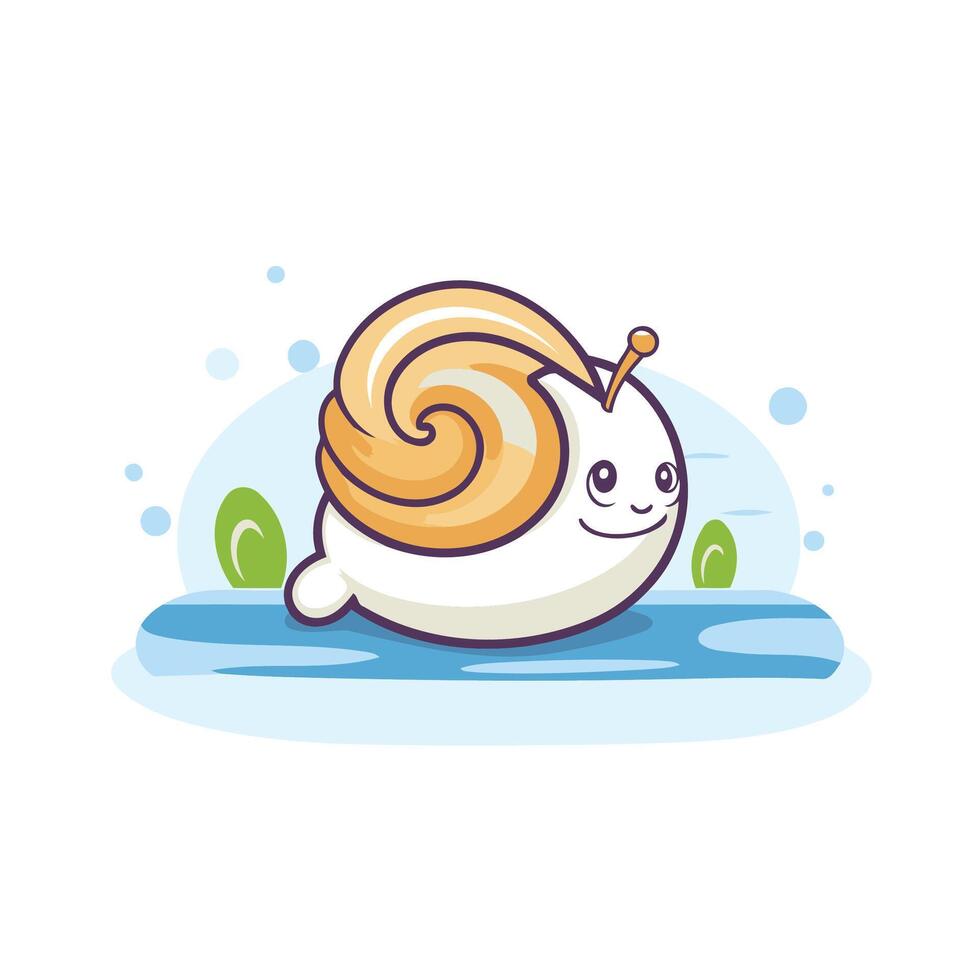 Cute cartoon snail character swimming in the water illustration vector