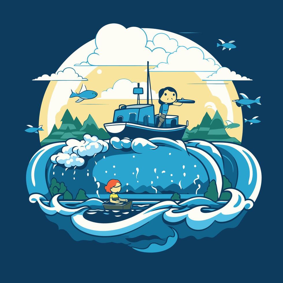 Fishing boat in the sea illustration of a cartoon style vector