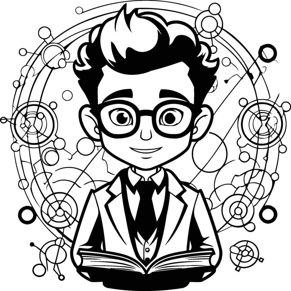 element illustration of a boy in glasses and a suit reading a book vector