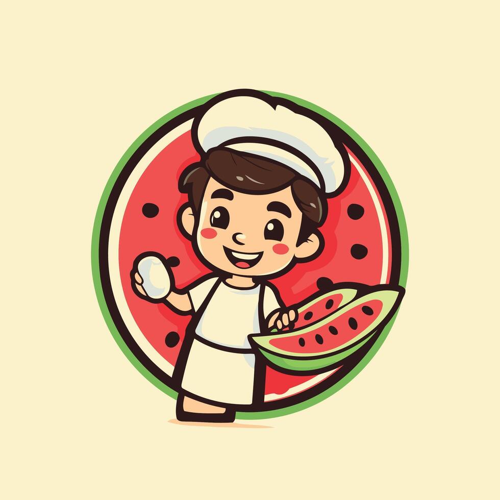 Cartoon character illustration of a boy chef holding a slice of watermelon vector