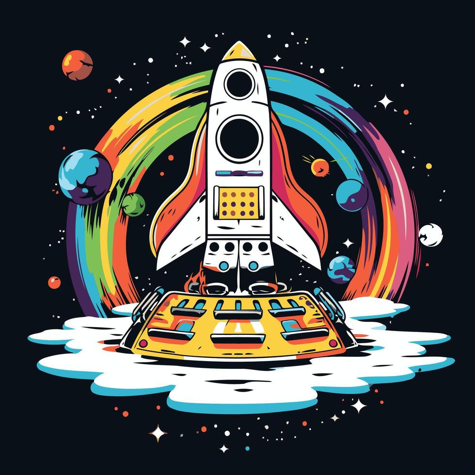 Space rocket and planets Hand drawn illustration in cartoon style vector