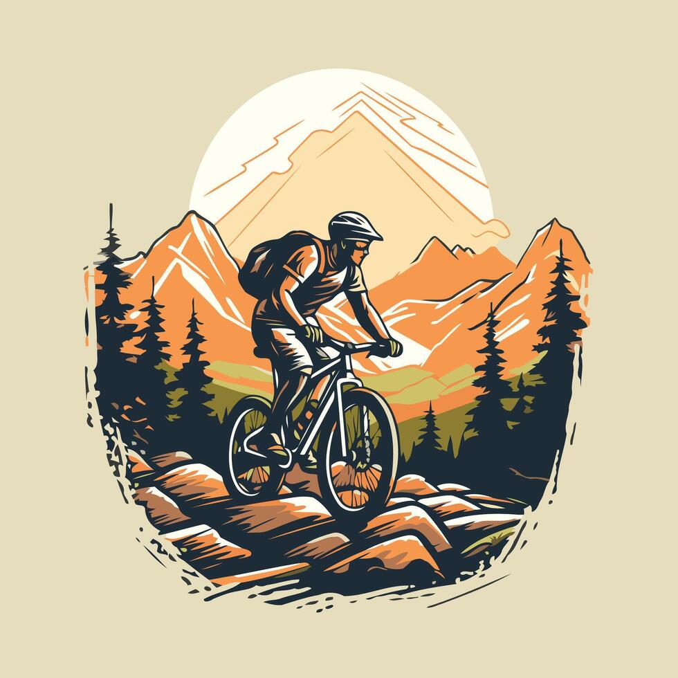 Mountain biker rides on a bicycle in the mountains illustration vector
