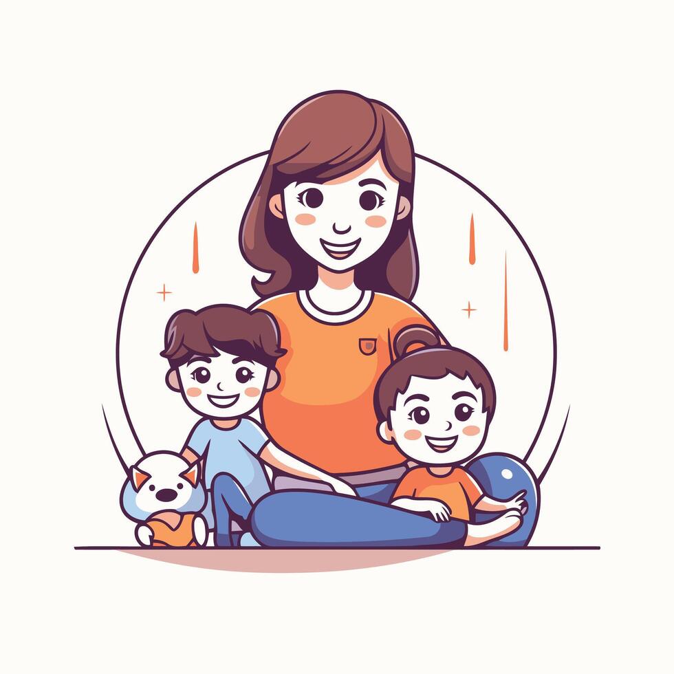Pregnant woman with her children illustration in cartoon style vector