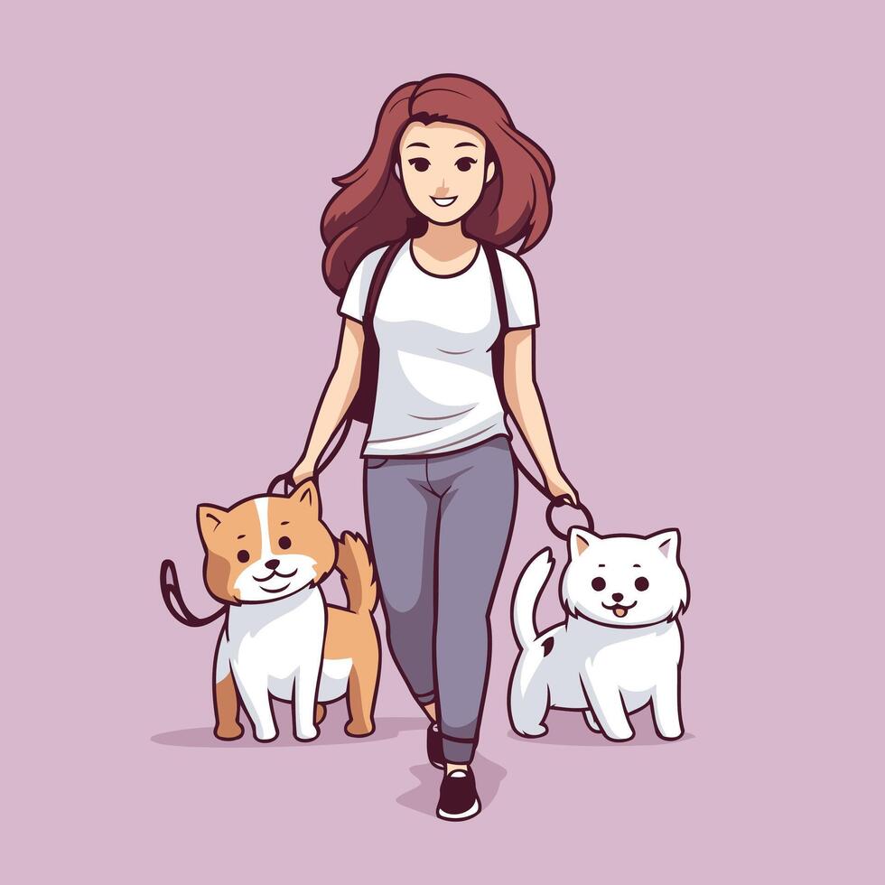 Woman walking with dogs cartoon over purple background colorful design illustration vector