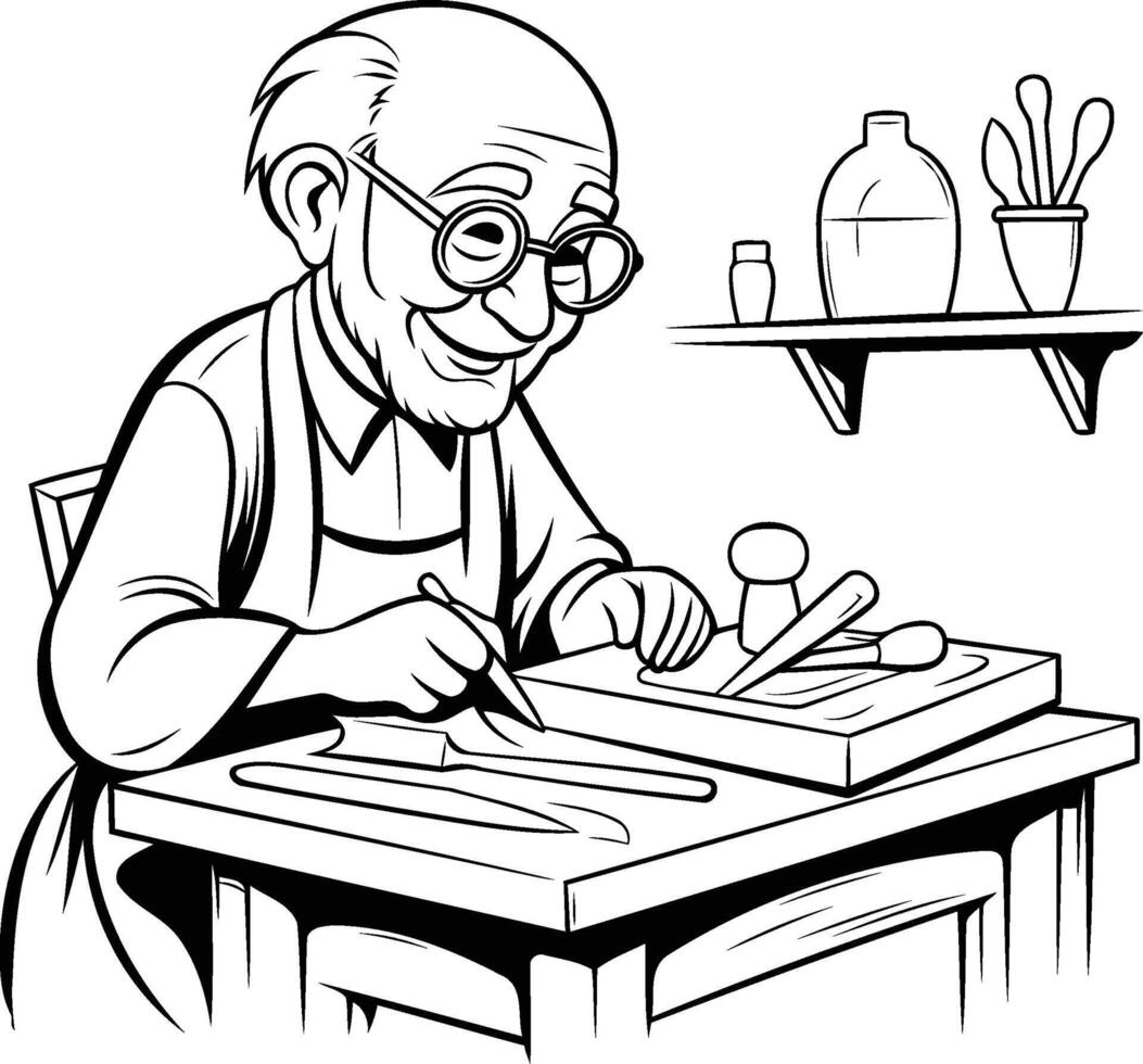 Elderly man making notes in a book illustration vector