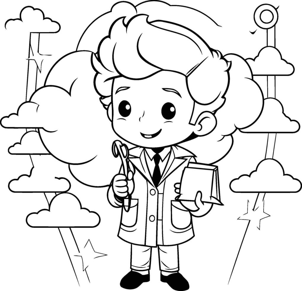 Coloring book for children Boy in a lab coat with a book vector