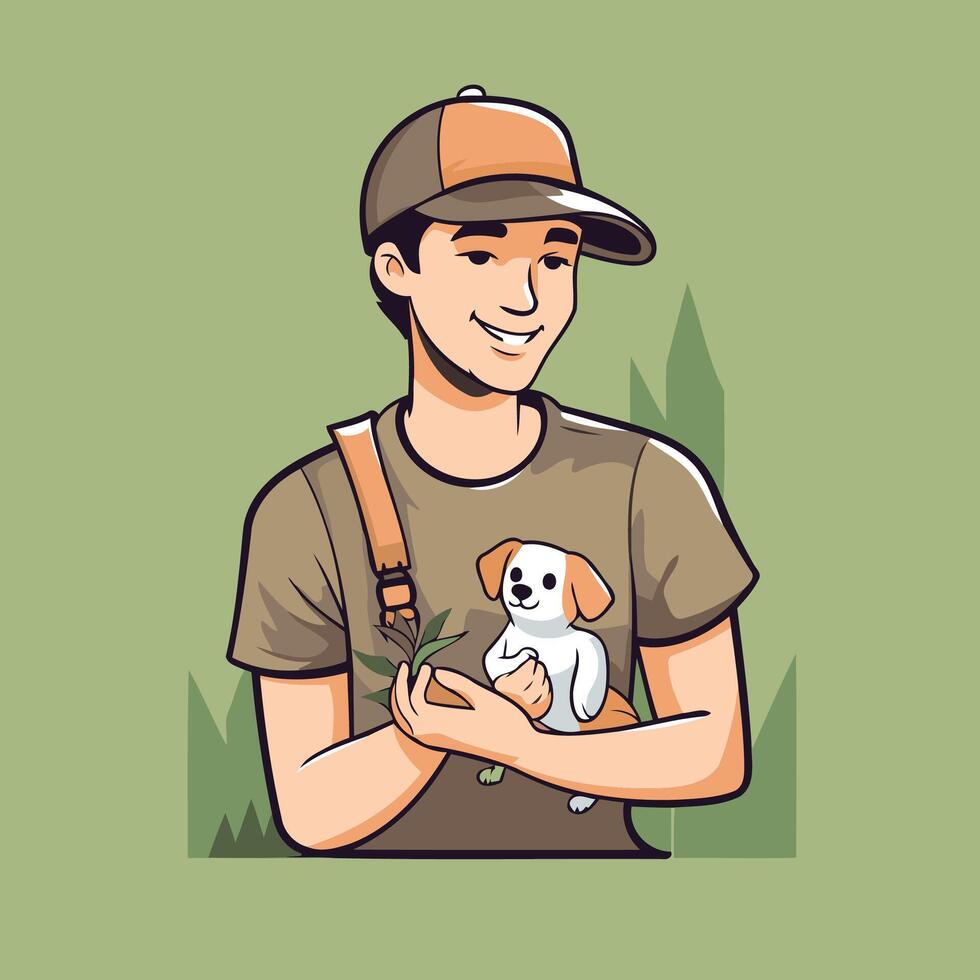 illustration of a smiling man holding a dog in his hands vector