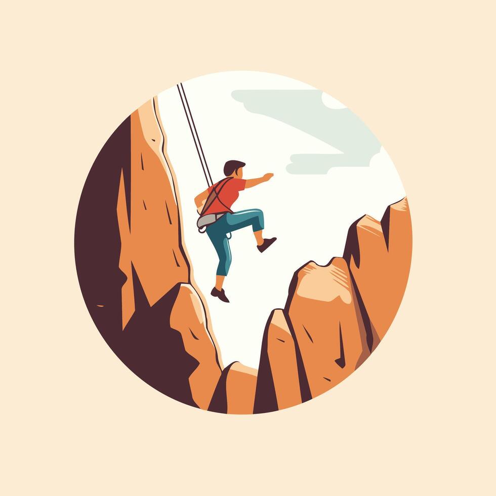 Man climbing on the top of the mountain Flat style illustration vector