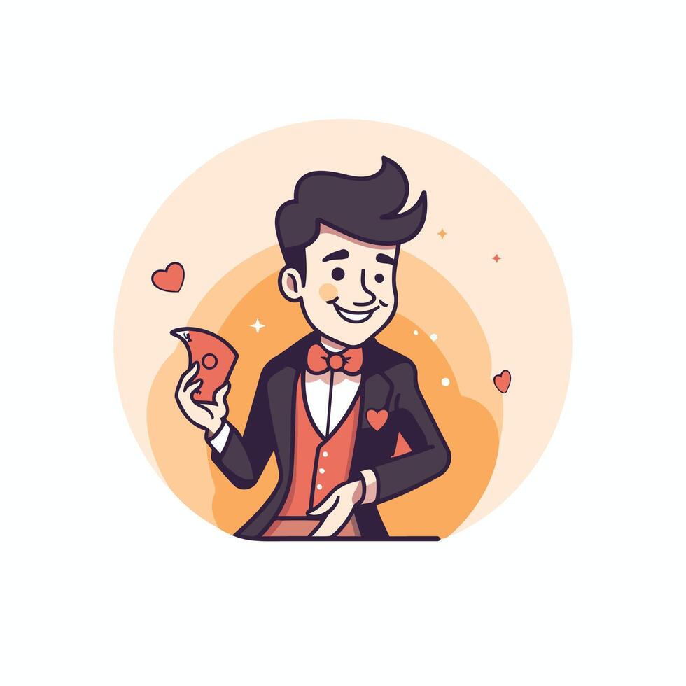 Groom in a tuxedo holding a heart illustration vector