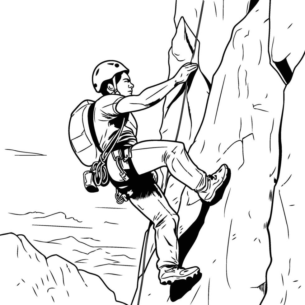 illustration of a man climbing a rock Hand drawn sketch vector