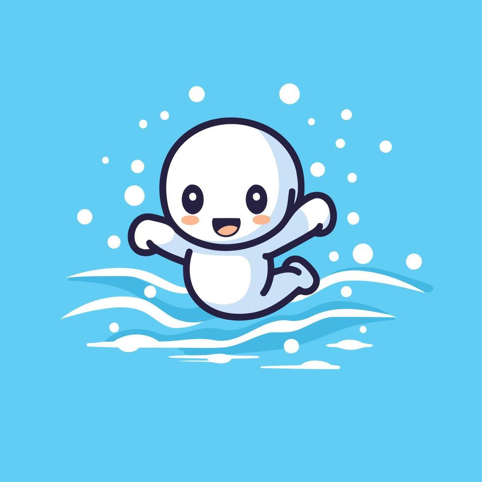 Cute cartoon snowman jumping in the water illustration vector