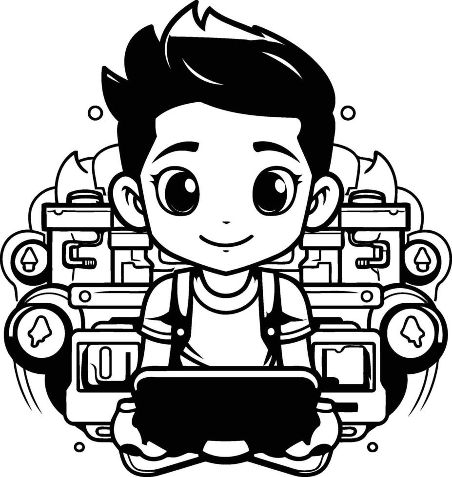Boy with a Tablet PC Black and White Cartoon Illustration vector
