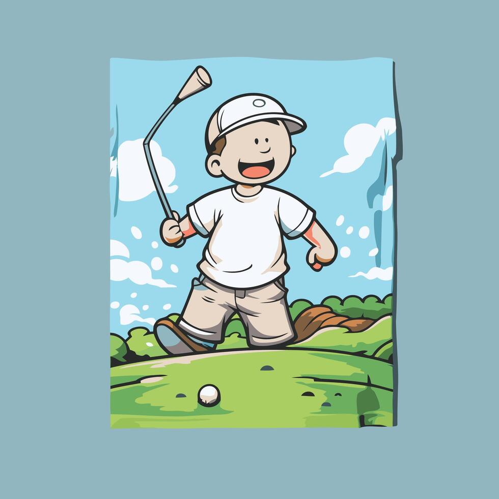 Illustration of a boy playing golf on a golf course vector