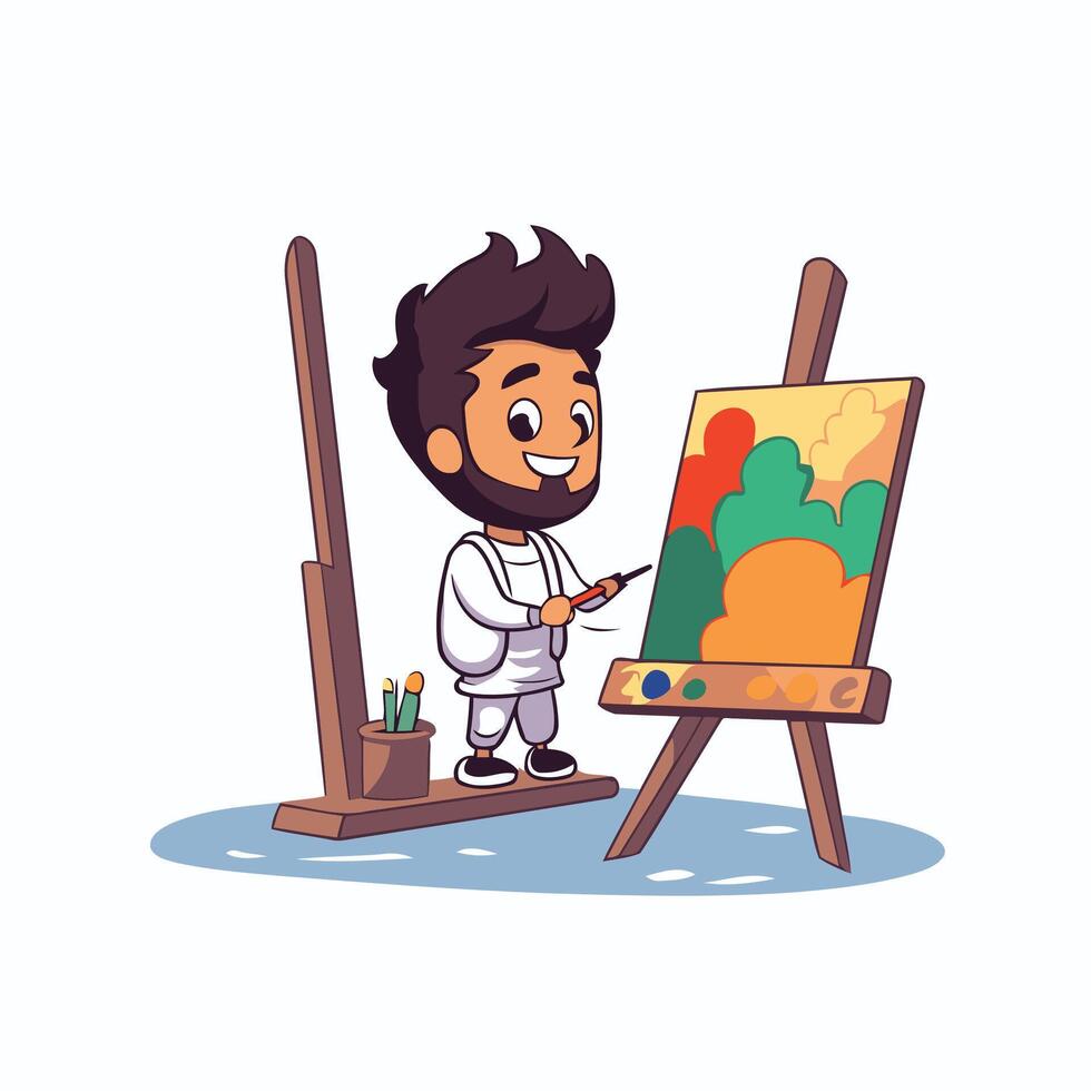 Cute little boy painting a picture on easel element Illustration vector