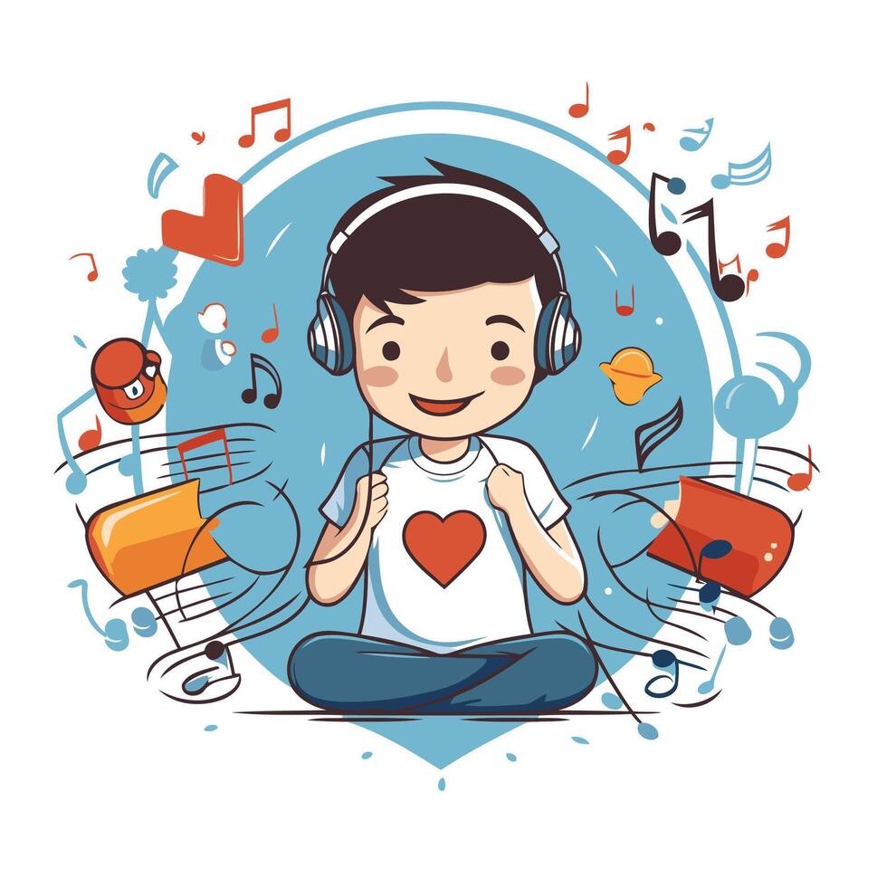 Cute boy listening to music with headphones and musical notes illustration vector