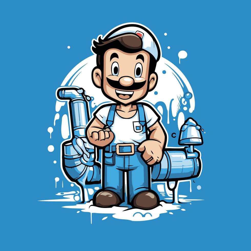 Plumber cartoon character illustration of a plumber holding a pipe vector