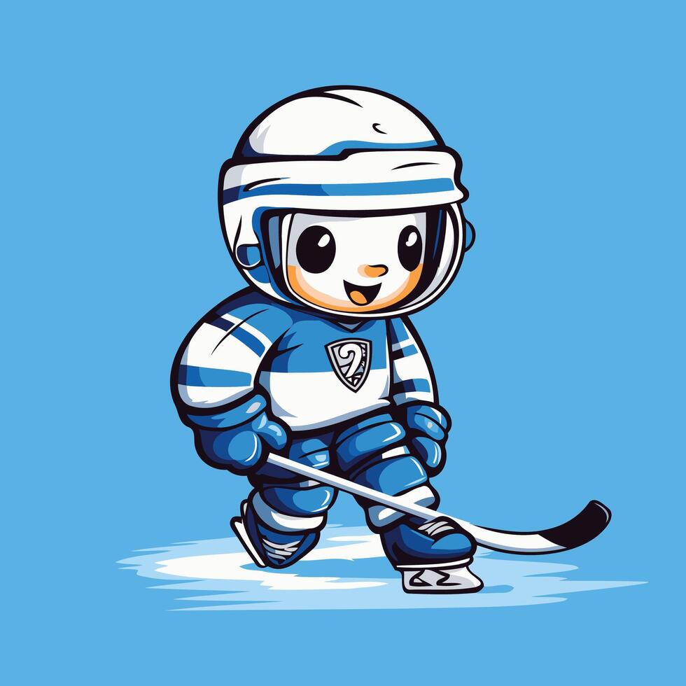 Cute cartoon hockey player in blue uniform and helmet illustration vector