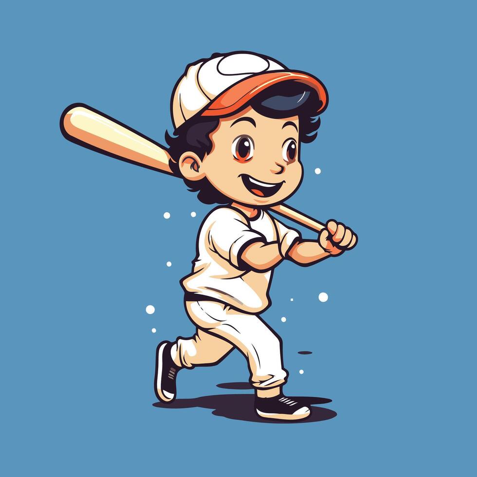 Cute little boy playing baseball illustration Cartoon style vector