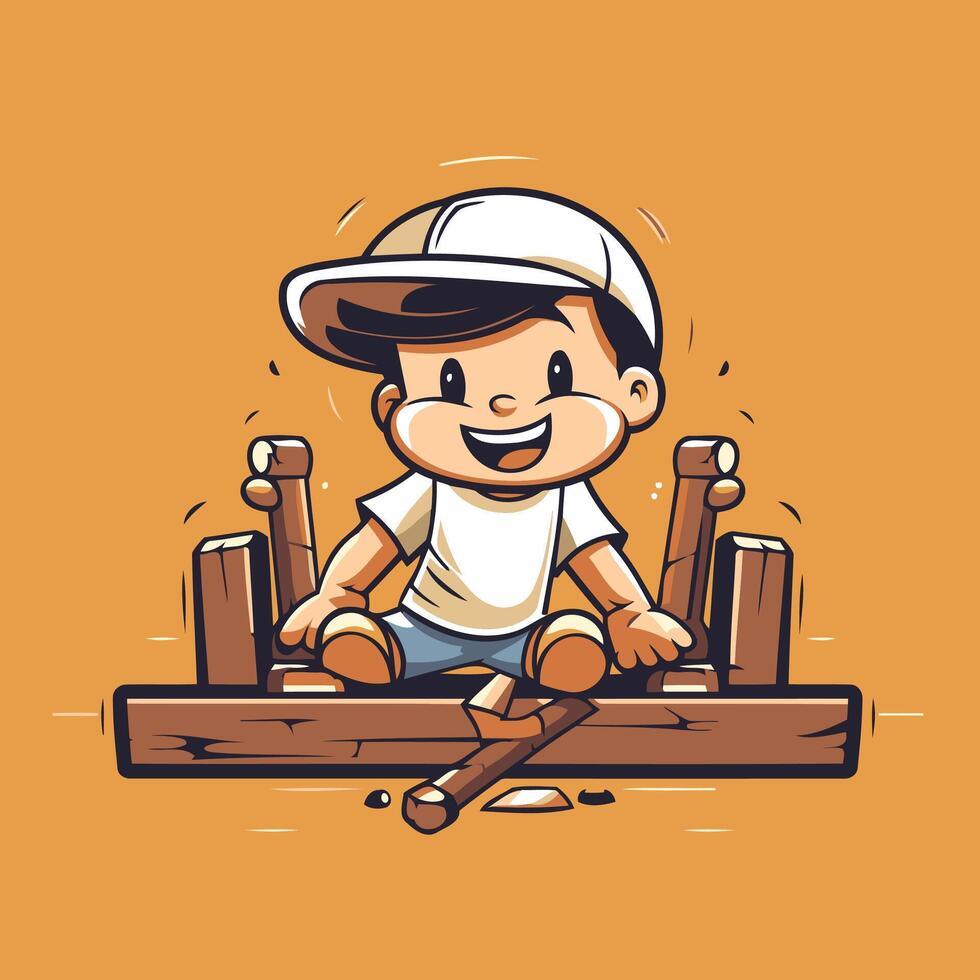 Cute little boy playing with a wooden plane element illustration vector