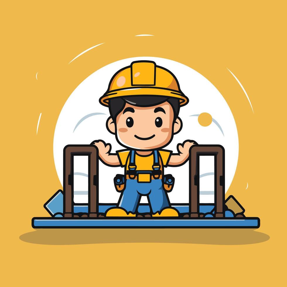 Cute cartoon construction worker character illustration in flat design vector