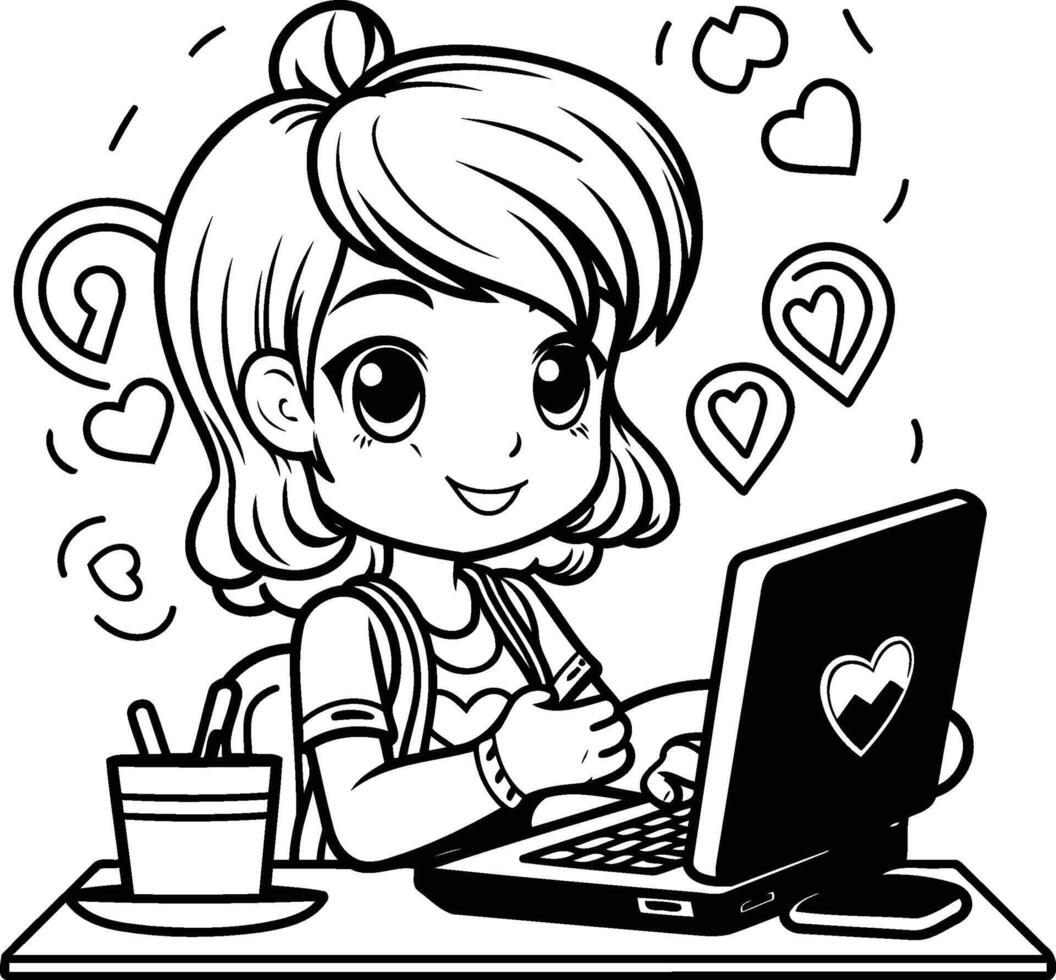Girl using laptop computer with heart doodles on screen illustration vector