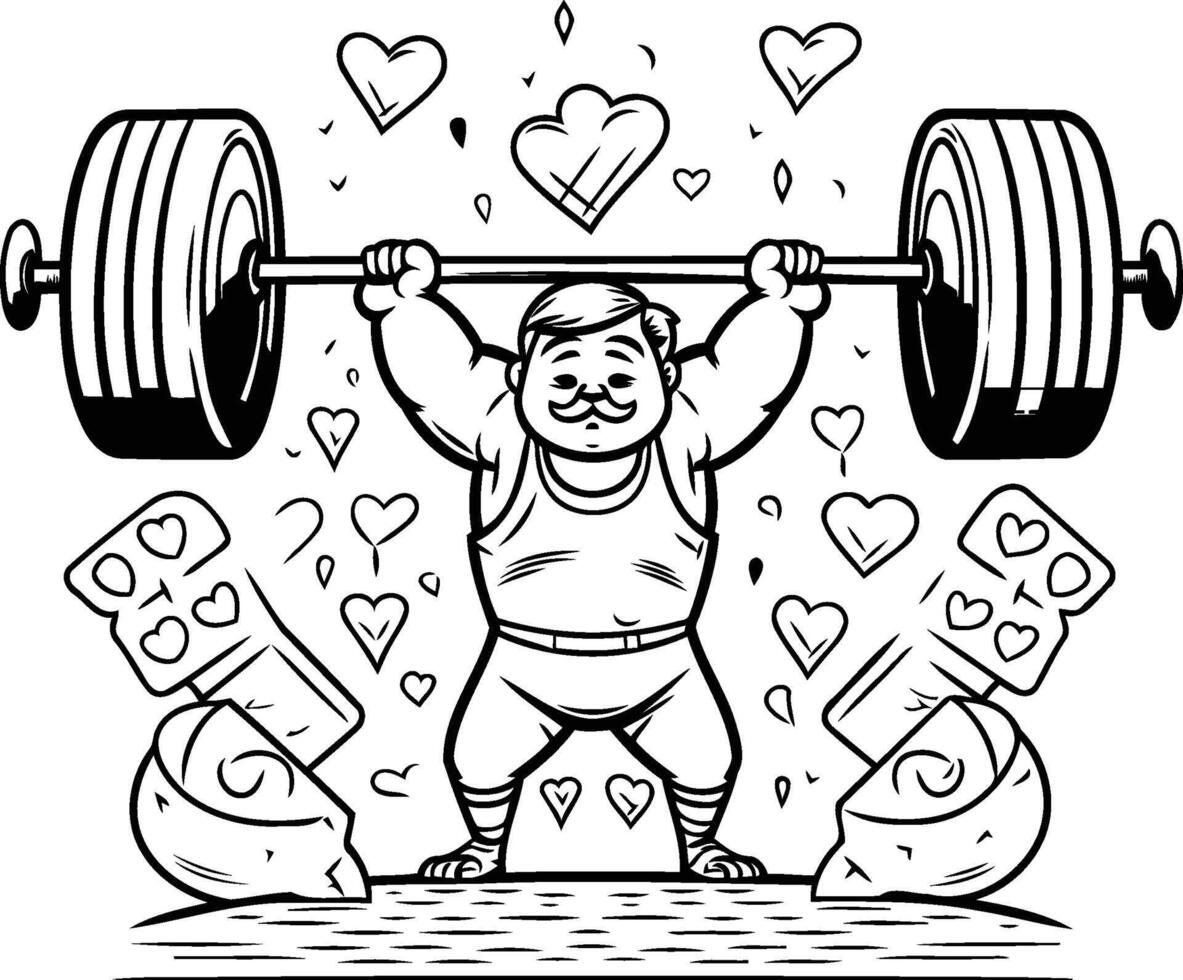 Fat woman with dumbbells illustration Black and white vector