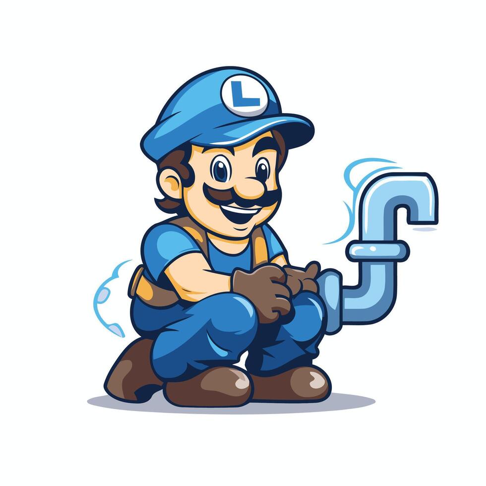 Plumber with pipe isolated on white background Plumber cartoon illustration vector