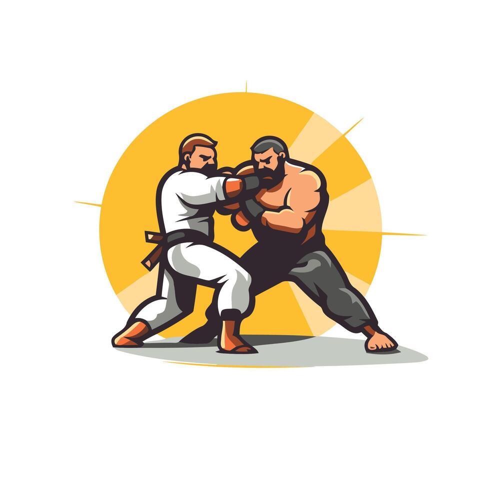 Illustration of a pair of judo fighters fighting viewed from front set inside circle on isolated background done in retro style vector