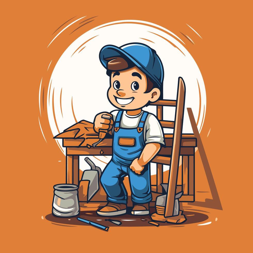 Cute cartoon handyman with tools in his hand illustration vector