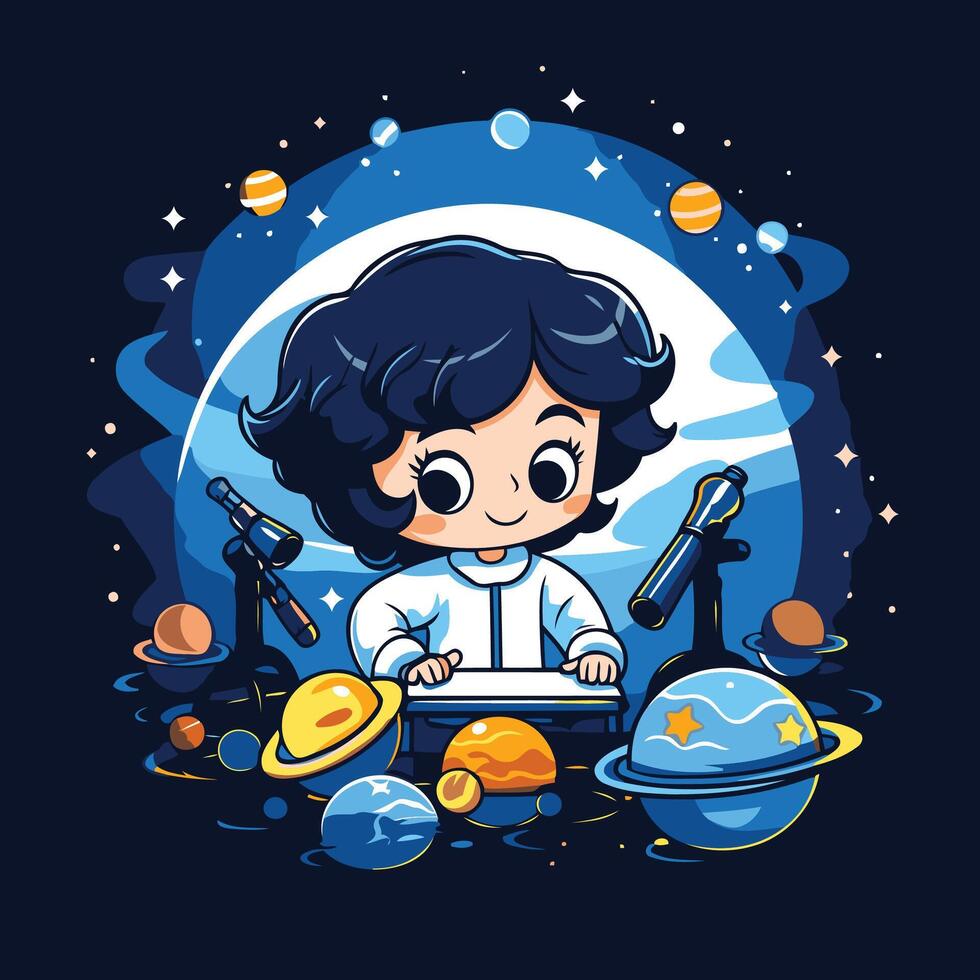 Cute little boy playing space game illustration in cartoon style vector