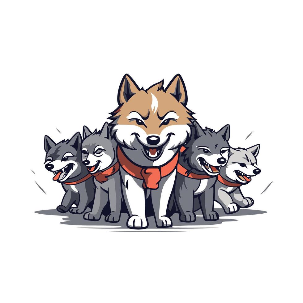 Cute cartoon husky dog with a group of friends illustration vector