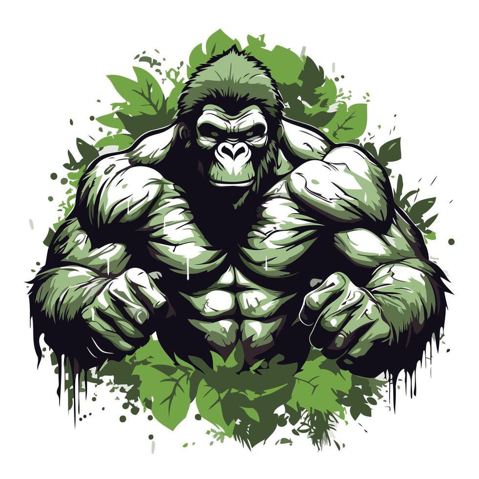 element illustration of a strong gorilla with grunge green leaves on white background vector