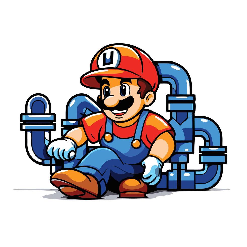 Plumber cartoon character with pipes on white background illustration vector
