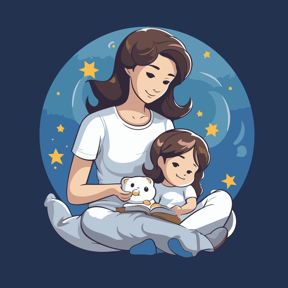 Mother and daughter reading a book in the moonlight illustration vector