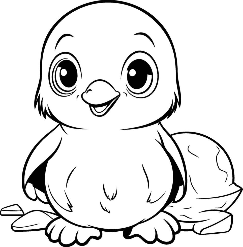 Cute baby chick sitting black and white illustration for coloring book vector