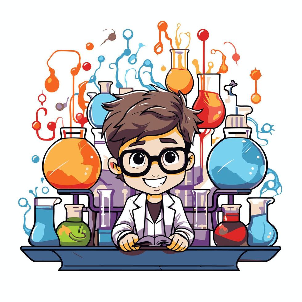 Scientist boy working in laboratory Cartoon character illustration vector