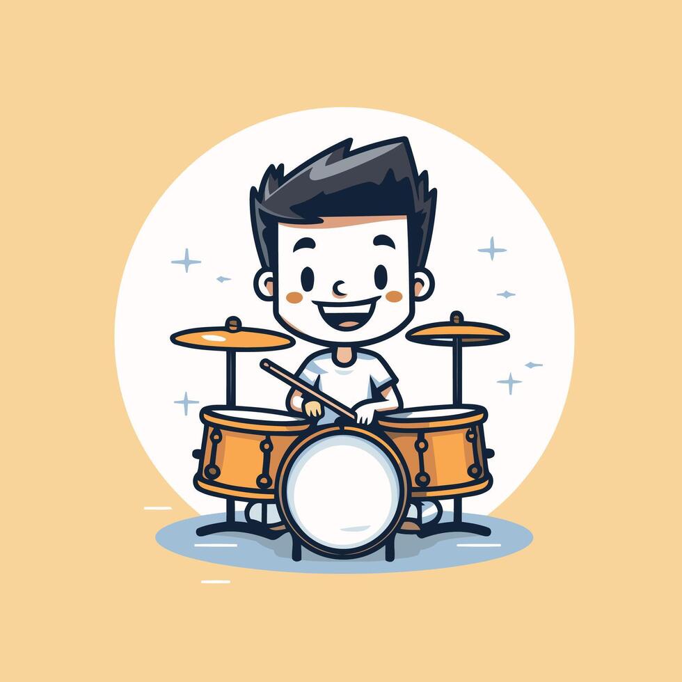 Cute boy playing drums flat cartoon character illustration design vector
