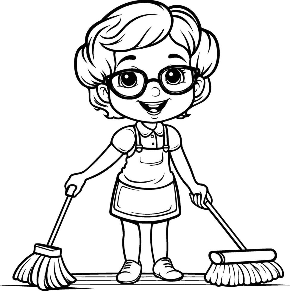 Cute Cartoon Woman Cleaning Floor with Broom illustration vector