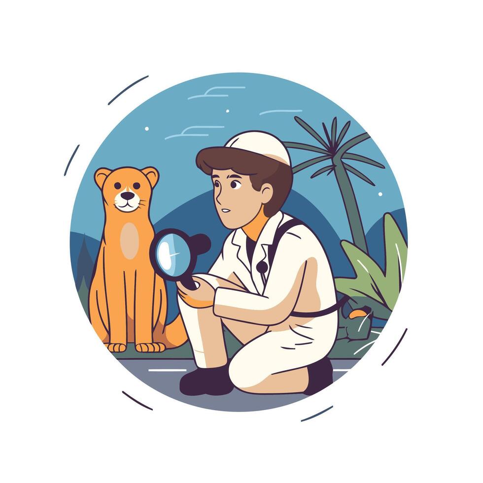 Veterinarian with dog and magnifying glass illustration vector
