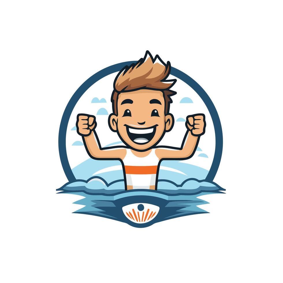 element illustration of a happy man swimming in the pool with a surfboard vector