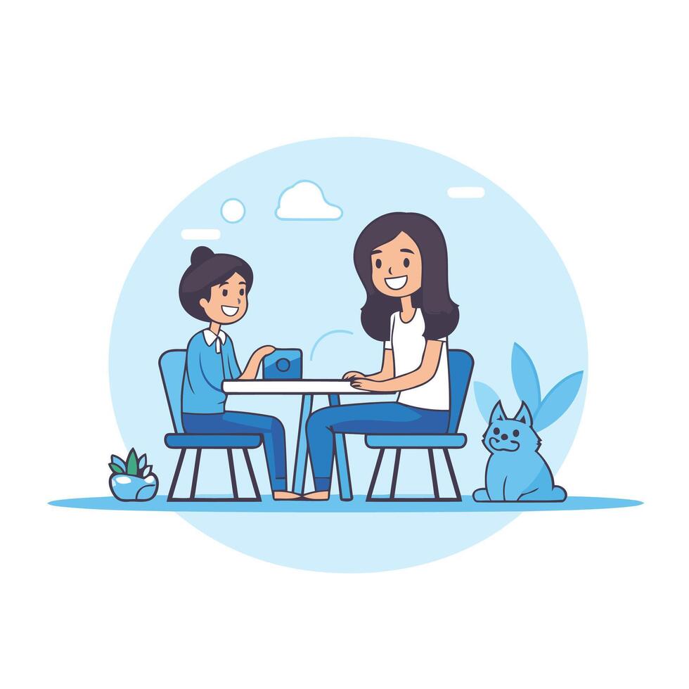 Mother and daughter sitting at table and playing with cat illustration vector
