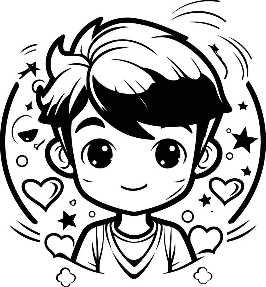 Cute cartoon boy with stars and hearts Black and white illustration vector