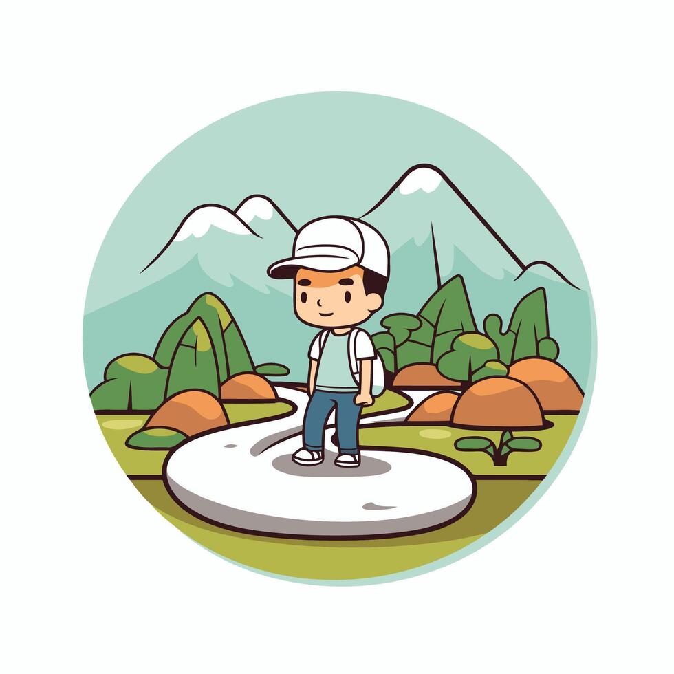 Hiking boy cartoon in the park round icon element illustration graphic design vector