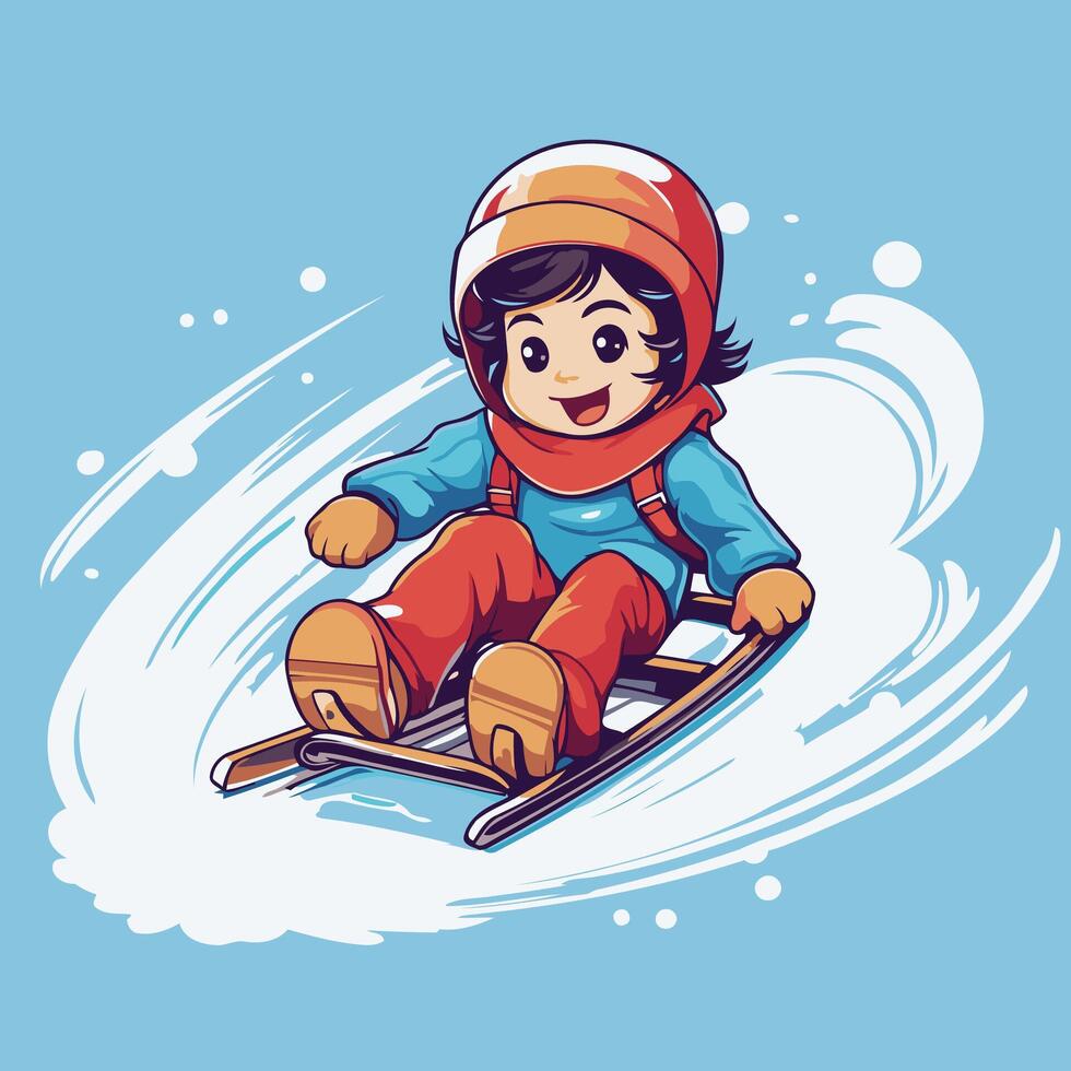 Skiing boy on a snowboard Cartoon illustration vector