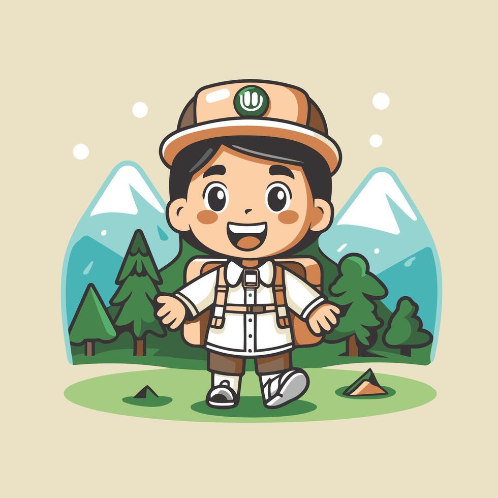 Cute boy scout with backpack in the mountains cartoon illustration vector