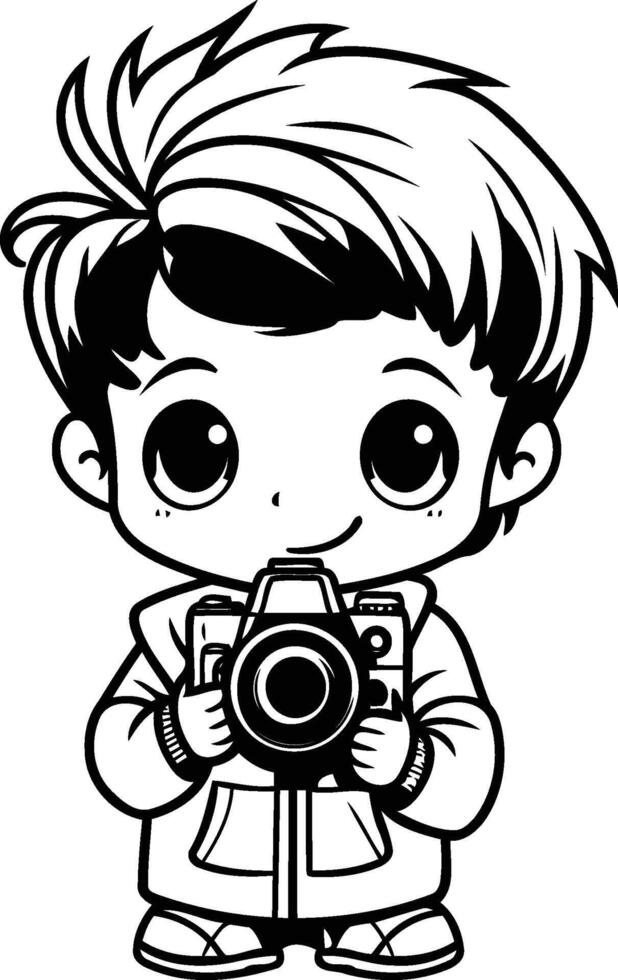 cute little boy with camera cartoon element illustration graphic design in black and white vector