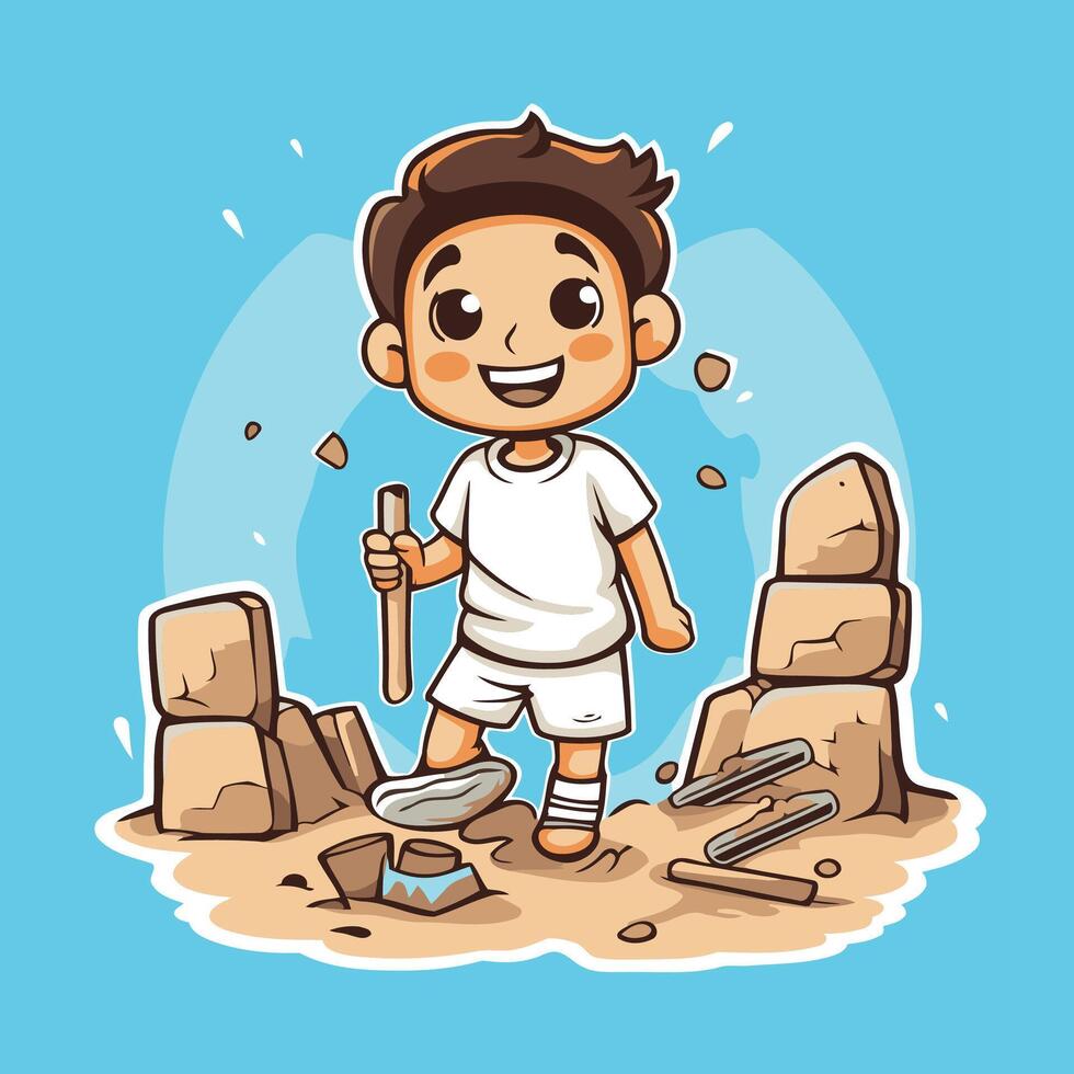 illustration of a boy building a sand castle Cartoon style vector