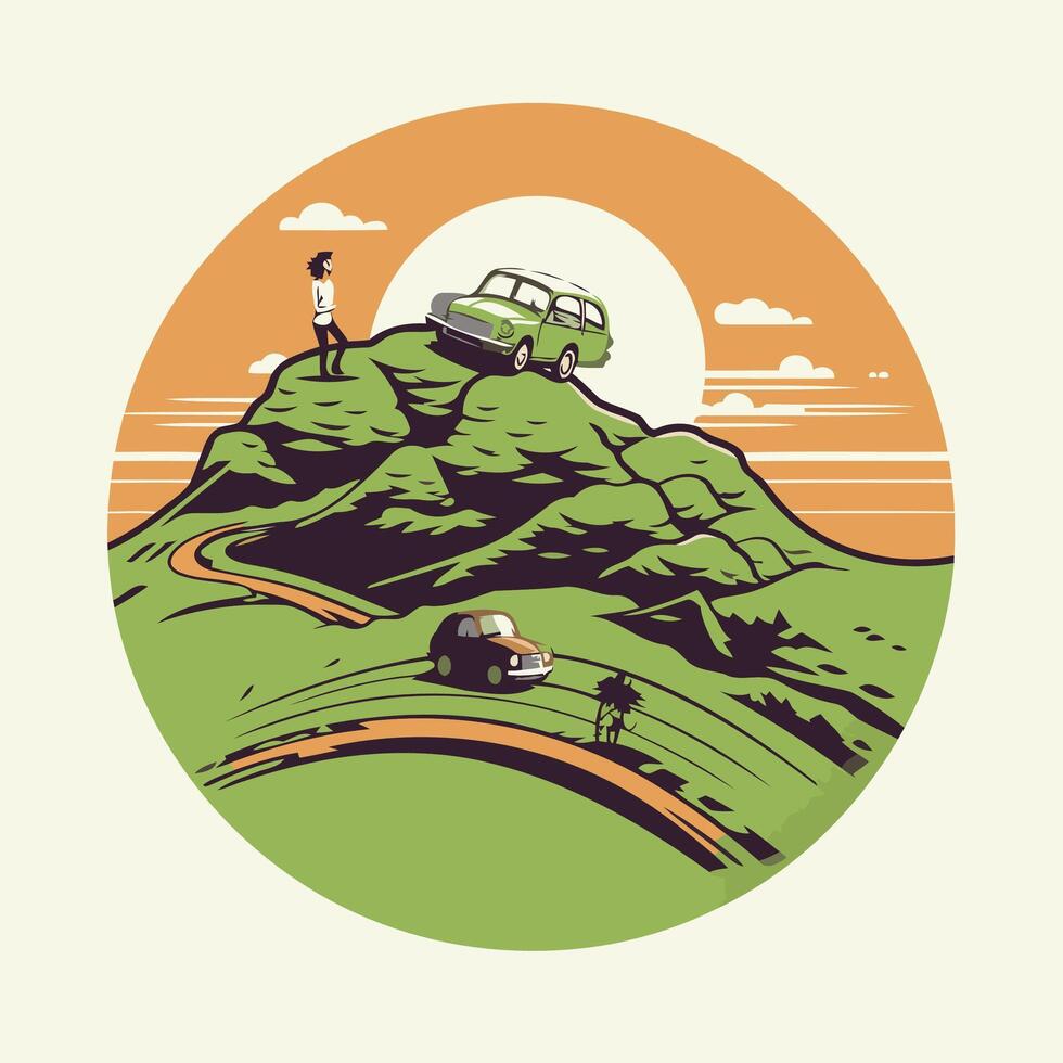 Retro car on the hill illustration in retro style vector